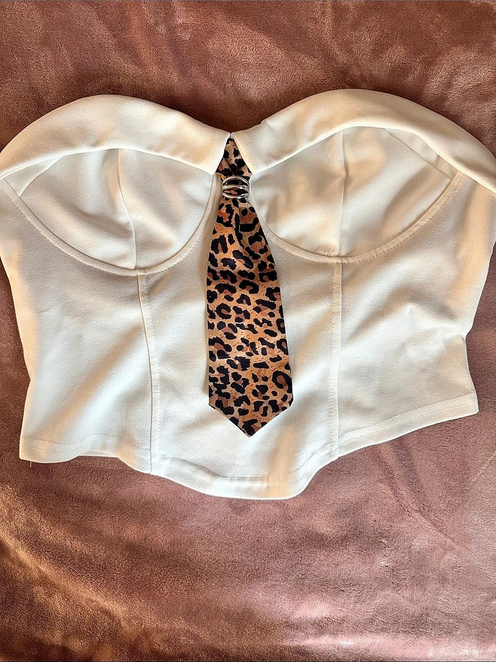 Polyester Corset Top in White & Brown animal print tie